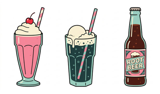 Retro American Diner Strawberry Milkshake and Soda Float Vector Set