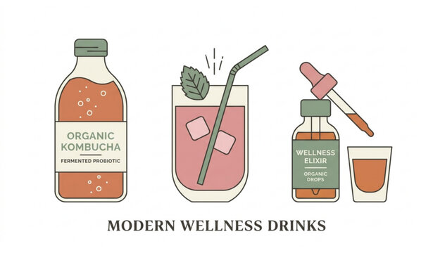 Modern Organic Kombucha Bottle and Healthy Herbal Wellness Drinks Vector