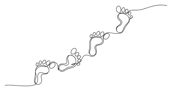 Single continuous line drawing of human footprints walking in a sequence