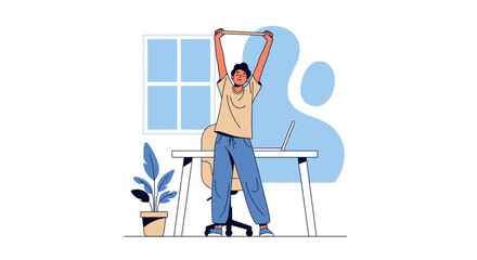 Fototapeta premium Man stretching at home office desk, promoting healthy work-life balance and well-being.