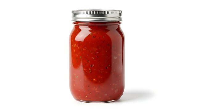 A jar of homemade strawberry jam on a white background