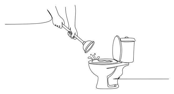 Continuous line drawing of hands using rubber plunger to fix clogged toilet