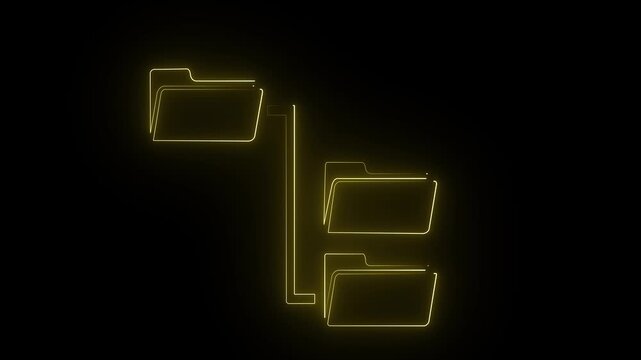 Neon yellow color Folder tree line icon on black background. file folder organization structure flowchart. glowing neon page file animation ...