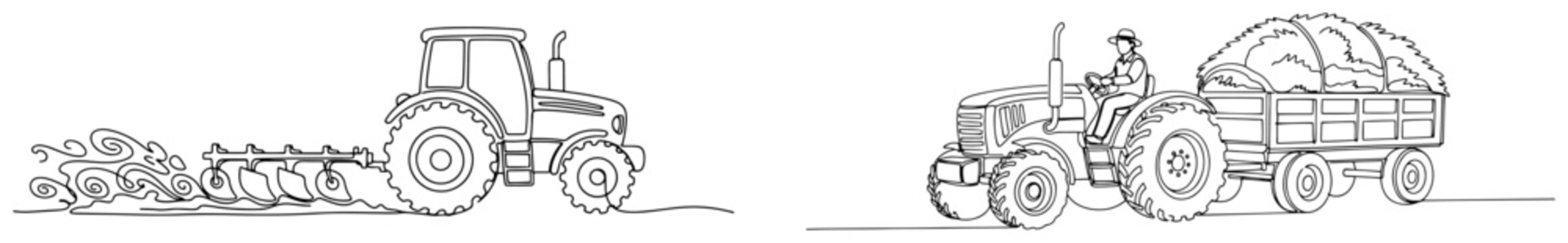 One line drawing of a tractor plowing soil and a tractor pulling a trailer with hay