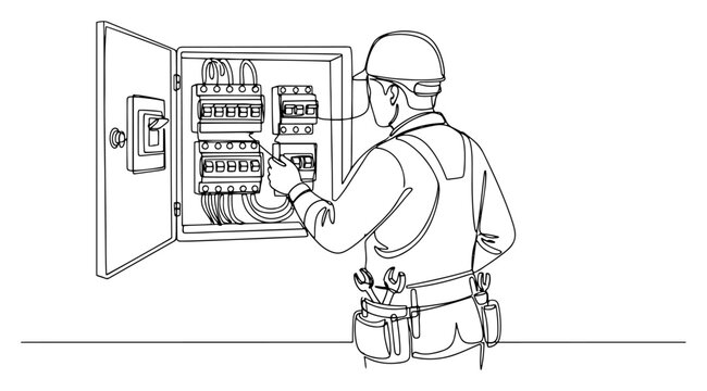 One line drawing of a professional electrician repairing an electrical fuse box with circuit breakers