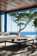 Obraz premium Coastal lounge with low table and tree visible through glass