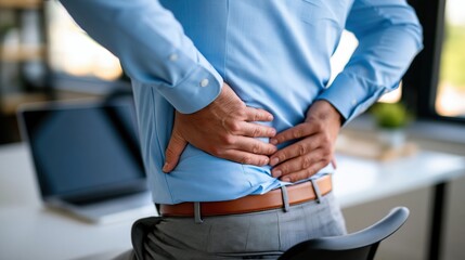 Obraz premium Office worker standing and touching lower back in modern workspace