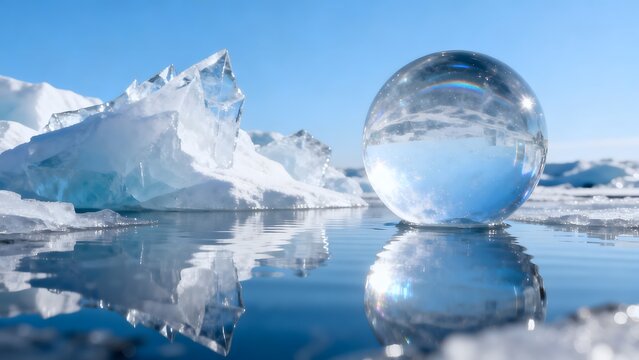 Ice chunks and glass sphere in water