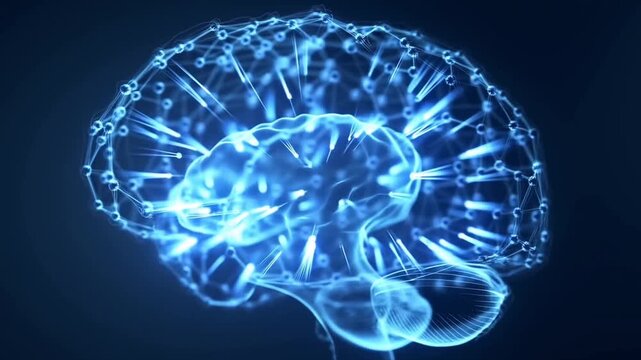A futuristic 3D animation of a glowing blue digital brain with interconnected neural networks and data points, representing artificial intelligence, machine learning, and cognitive computing processes