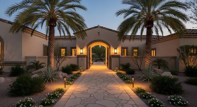 A serene arizona front yard featuring a flagstone walkway leading to a modern luxury home entrance surrounded by palm trees and desert landscaping at dusk