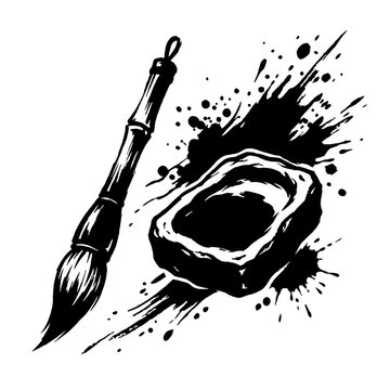 Black and white illustration of traditional calligraphy brush and ink stone.