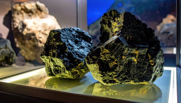 Rough, dark, stony chunks of greenish-yellow uranium ore displaying natural mineral formations
