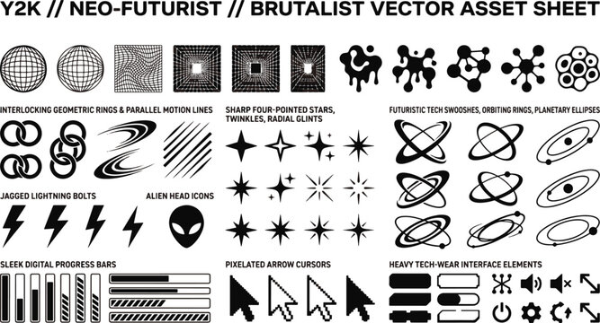 Retro Futuristic Y2K Brutalist Asset Sheet With Wireframe Globes Sparkles Tech Interfaces Alien And Arrow Icons Vector Illustration