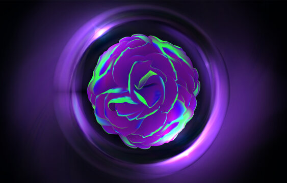 Futuristic cyberpunk purple neon rose inside 3d glowing circular portal frame vector illustration neon green floral design element for synthwave music album cover background