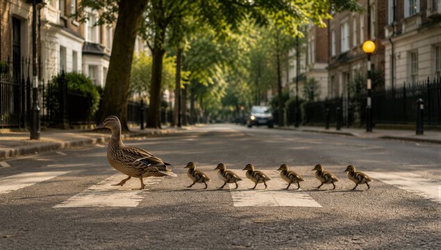 Duck Family Crossing Quiet City Street at Sunrise with Mother Duck and Ducklings in Urban Nature Scene