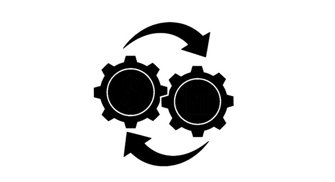 Minimal black silhouette icon, simple flat vector, bold black shape, no, no shading business process icon with dollar sign and bar chart gears on a, flat icon style