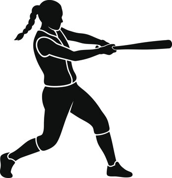 Female softball player silhouette swinging bat during game action