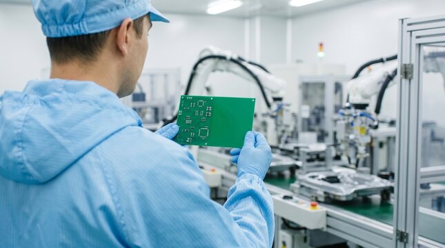 Engineer in a blue sterile cleanroom suit and gloves inspecting a green printed circuit board (PCB). In the background, a modern automated assembly line with robotic arms. Electronics manufacturing .