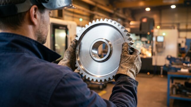 Worker inspecting a large metal gear during spare parts manufacturing. Heavy industry concept