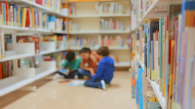 Unfocused children reading books together on the floor of a school library, surrounded by bookshelves full of colorful children's literature, promoting learning and friendship