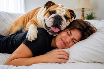Obraz na płótnie Canvas Woman sharing bed with her large bulldog in a fun and tender home scene, premium lifestyle photography for pets and home in high resolution 4K