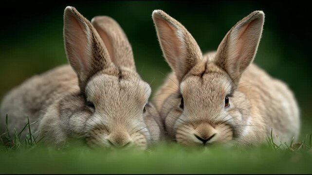 Two Adorable Rabbits Resting Together in Lush Green Grass.