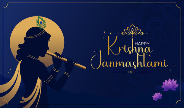Krishna Janmashtami vector with Shri Krishna silhouette playing flute, peacock feather and lotus elements. Elegant Indian festival greeting design on dark blue background with decorative gold details.
