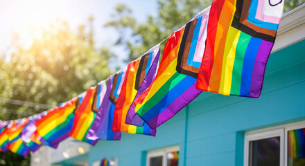 Rainbow flags with progressive elements strung along a building, symbolizing pride, diversity, and LGBTQ+ rights, ideal for community or celebration themes © PhotoArtHub