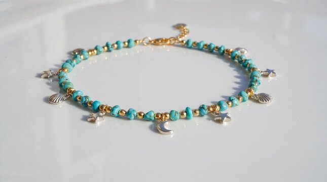 Delicate ankle bracelet with turquoise beads and charms
