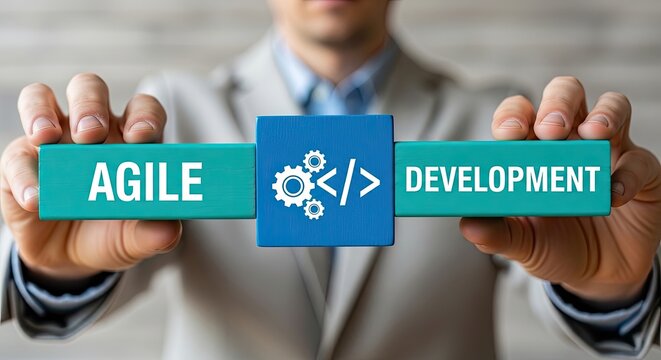 Businessman presenting agile development concept with hands holding text and coding symbol in office setting