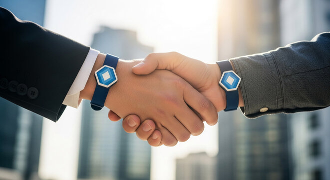Two hands shaking, wearing blue wristbands with hexagonal emblems, against a blurred city skyline, symbolizing business partnership and agreement.