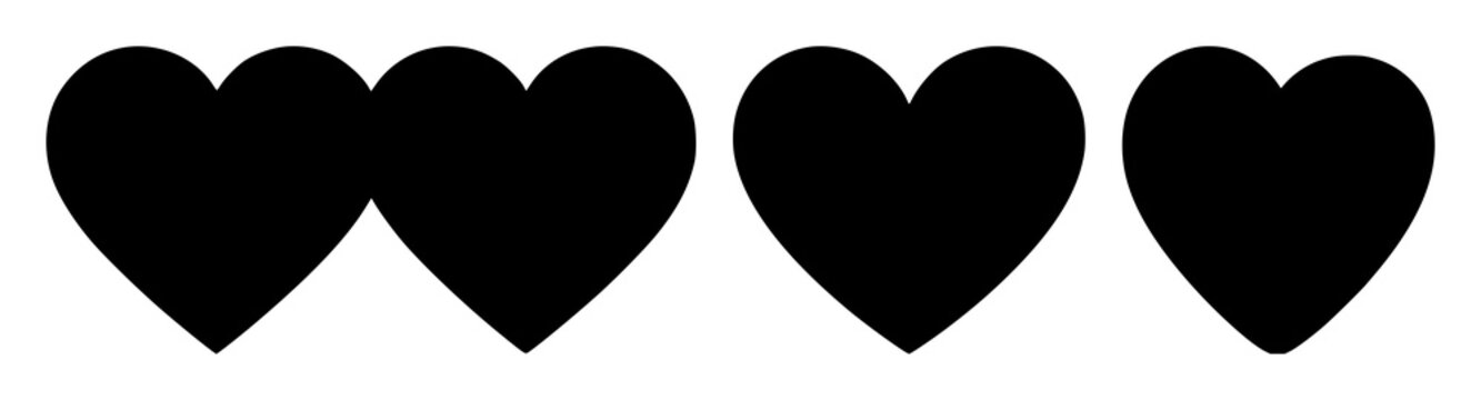 Heart symbol set with black silhouette on white background featuring heart icon, love emblem, romantic symbol with simple line and bold shape