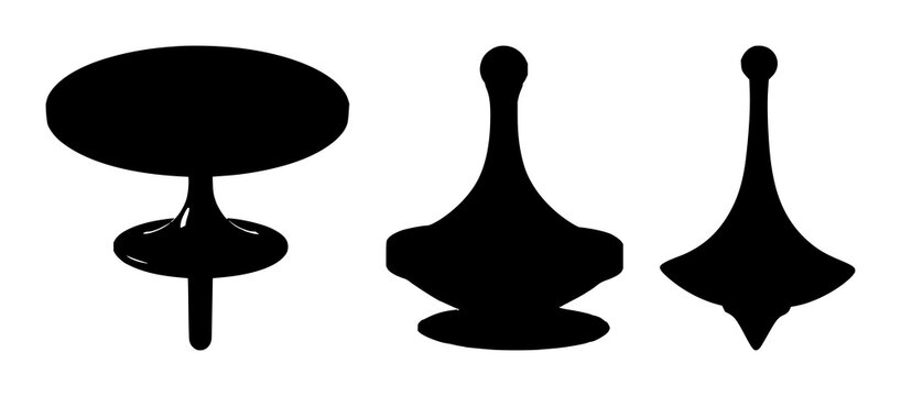 Spinning top set with black silhouette on white background featuring toy, motion, classic with black and white and minimalistic illustration
