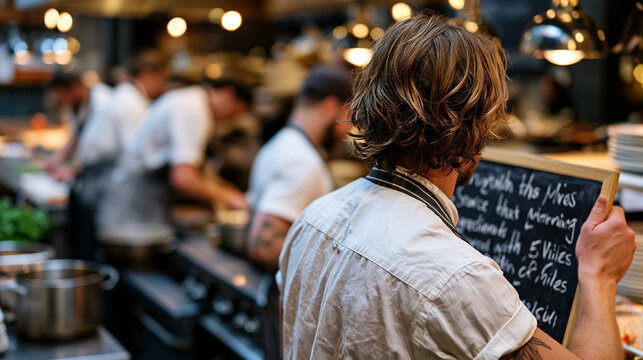 A hyperlocal restaurant kitchen where a chef holds up a handwritten chalkboard listing that morning's ingredients sourced within five miles, line cooks behind him prepping at steel counters, steam r