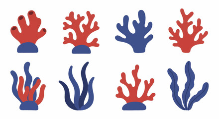 Fototapeta premium Collection of stylized coral reef elements in red and blue.