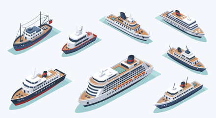 Collection of various cruise ships and boats in isometric view. © Vario