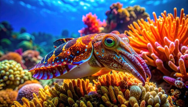 A vibrant cuttlefish displaying intricate skin patterns amidst colorful coral reefs in the ocean depths