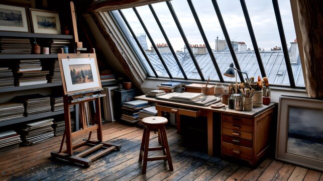 Artist studio in paris attic with skylight view