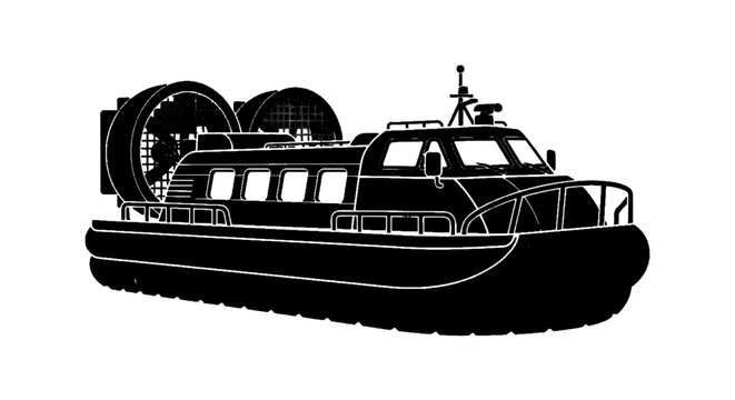 Minimal black silhouette icon, simple flat vector, bold black shape, no, no shading hovercraft silhouette air cushion vehicle on a, flat icon style