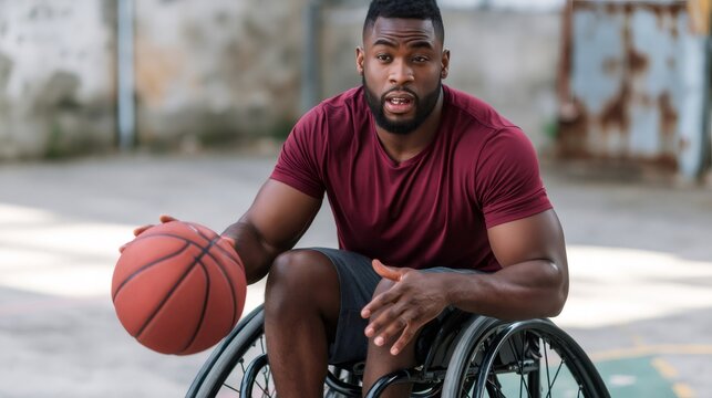 Young black man playing wheelchair basketball outdoors