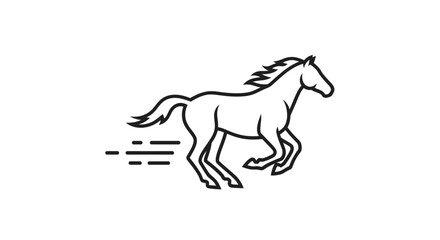 Fototapeta premium Dynamic running horse line art illustration. Galloping equine icon with speed lines. Simple black and white vector outline drawing.