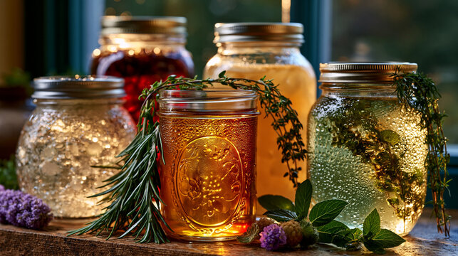 Fermented beverages in various stages line a sunlit windowsill: water kefir, jun tea, tepache, and kvass each in different vessels, condensation beading on glass, fresh summer herbs leaning against 