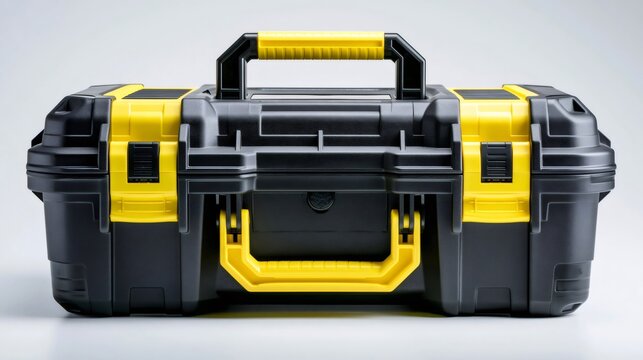 Yellow and black plastic toolbox standing on white background