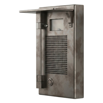 Vintage industrial intercom system with speaker and button isolated transparent background