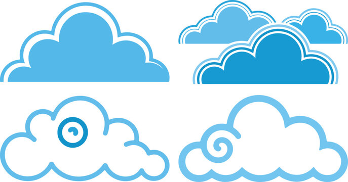 Collection of blue and white cloud shapes in various styles and formations
