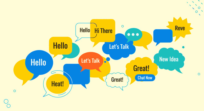 Speech Bubbles with Messages: Hello, Great, New Idea, Chat Now, Let's Talk