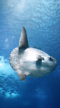 Underwater shot of an ocean sunfish (Mola mola) swimming in deep blue water. Rare marine wildlife scene captured in a clear ocean environment.