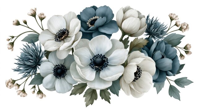 Elegant floral arrangement featuring white and blue anemones and thistles