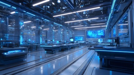 Obraz premium A futuristic interior corridor features glowing blue circuitry and sleek architectural lines representing advanced technology and digital innovation