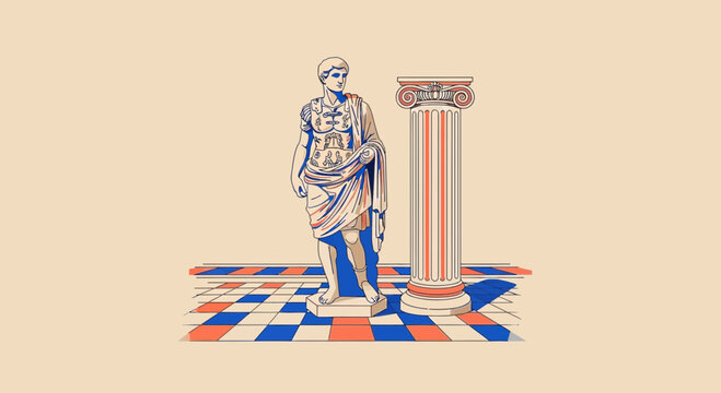 Stylized illustration of a roman statue and column on a checkered floor design in a muted color